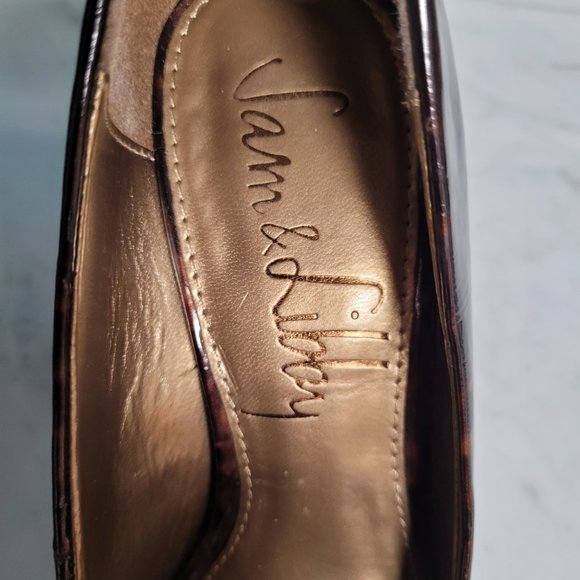 Sam & Libby Brown/Gold Patent Tortoise Peep Toe Pumps size 7 - Picture 6 of 8